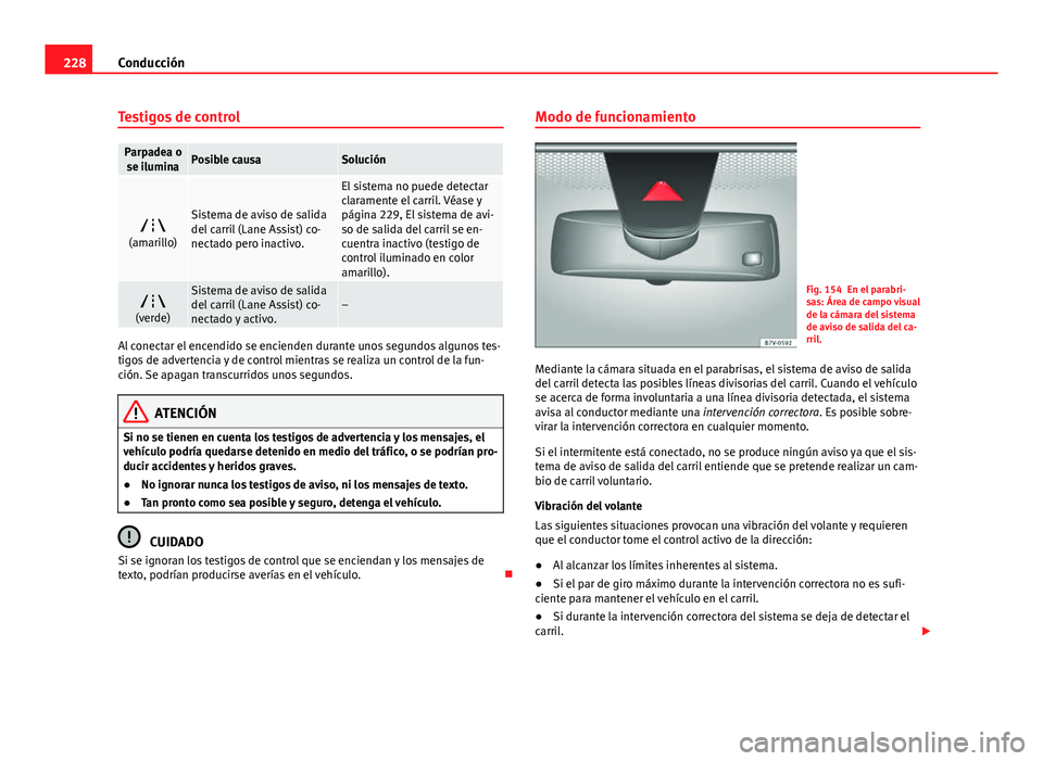 Seat Alhambra 2014  Manual del propietario (in Spanish) 228Conducción
Testigos de control
Parpadea o
se iluminaPosible causaSolución

(amarillo)Sistema de aviso de salida
del carril (Lane Assist) co-
nectado pero inactivo.
El sistema no puede detectar
