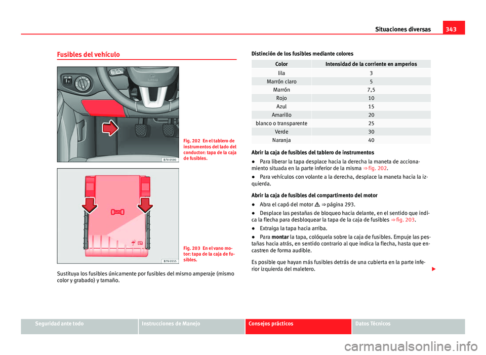 Seat Alhambra 2014  Manual del propietario (in Spanish) 343
Situaciones diversas
Fusibles del vehículo
Fig. 202 En el tablero de
instrumentos del lado del
conductor: tapa de la caja
de fusibles.
Fig. 203 En el vano mo-
tor: tapa de la caja de fu-
sibles.
