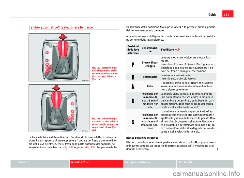 Seat Alhambra 2014 Manuale del proprietario (in Italian) 189
Guida
Cambio automatico*: Selezionare le marce
Fig. 133 Veicoli con gui-
da a sinistra: leva selet-
trice del cambio automa-
tico con tasto di blocco
(freccia).
Fig. 134 Veicoli con gui-
da a dest Seat Alhambra 2014 Manuale del proprietario (in Italian) 189
Guida
Cambio automatico*: Selezionare le marce
Fig. 133 Veicoli con gui-
da a sinistra: leva selet-
trice del cambio automa-
tico con tasto di blocco
(freccia).
Fig. 134 Veicoli con gui-
da a dest