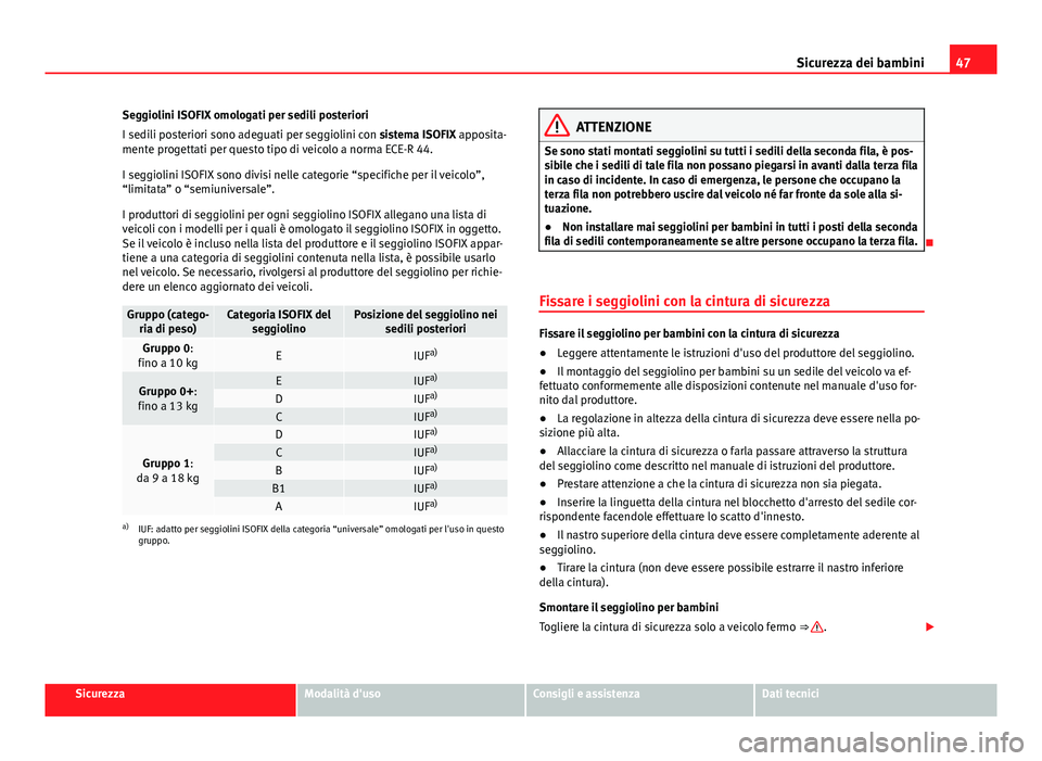 Seat Alhambra 2014 Manuale del proprietario (in Italian) 47
Sicurezza dei bambini
Seggiolini ISOFIX omologati per sedili posteriori
I sedili posteriori sono adeguati per seggiolini con sistema ISOFIX apposita-
mente progettati per questo tipo di veicolo a n Seat Alhambra 2014 Manuale del proprietario (in Italian) 47
Sicurezza dei bambini
Seggiolini ISOFIX omologati per sedili posteriori
I sedili posteriori sono adeguati per seggiolini con sistema ISOFIX apposita-
mente progettati per questo tipo di veicolo a n