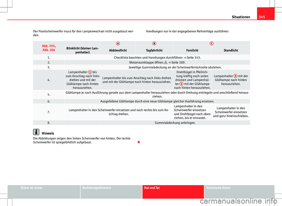 Seat Alhambra 2013 Betriebsanleitung (in German) 345
Situationen
Der Frontscheinwerfer muss für den Lampenwechsel nicht ausgebaut wer-
den. Handlungen nur in der angegebenen Reihenfolge ausführen:
Abb. 205,
Abb. 206 ABCBlinklicht (kleiner Lam- pen Seat Alhambra 2013 Betriebsanleitung (in German) 345
Situationen
Der Frontscheinwerfer muss für den Lampenwechsel nicht ausgebaut wer-
den. Handlungen nur in der angegebenen Reihenfolge ausführen:
Abb. 205,
Abb. 206 ABCBlinklicht (kleiner Lam- pen