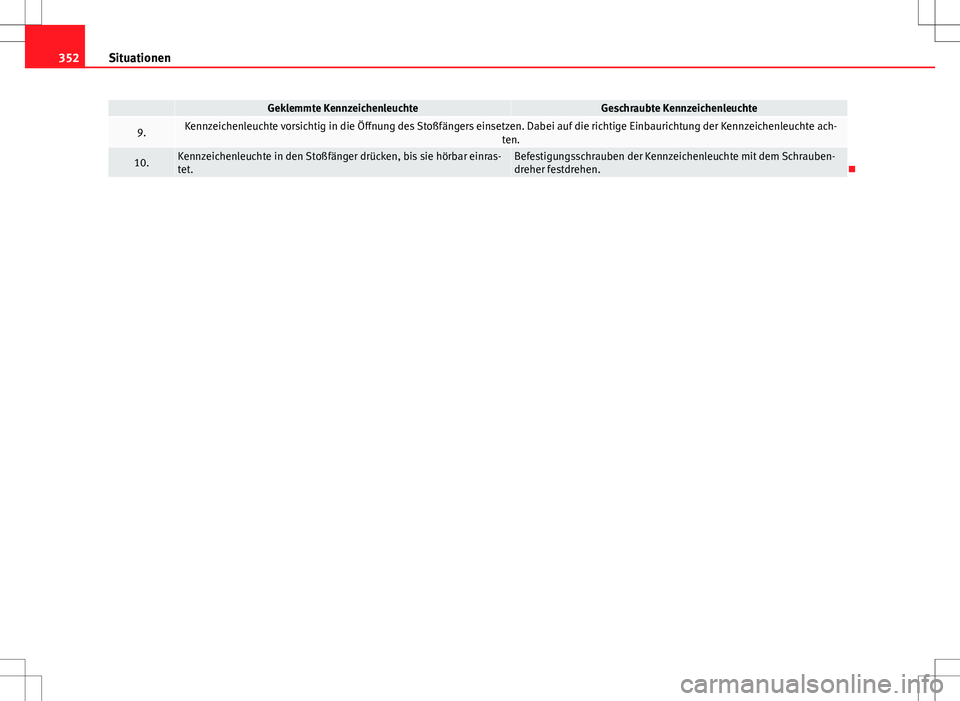 Seat Alhambra 2013  Betriebsanleitung (in German) 352Situationen
 Geklemmte KennzeichenleuchteGeschraubte Kennzeichenleuchte
9.Kennzeichenleuchte vorsichtig in die Öffnung des Stoßfängers einsetzen. Dabei auf die richtige Einbaurichtung der Kennze