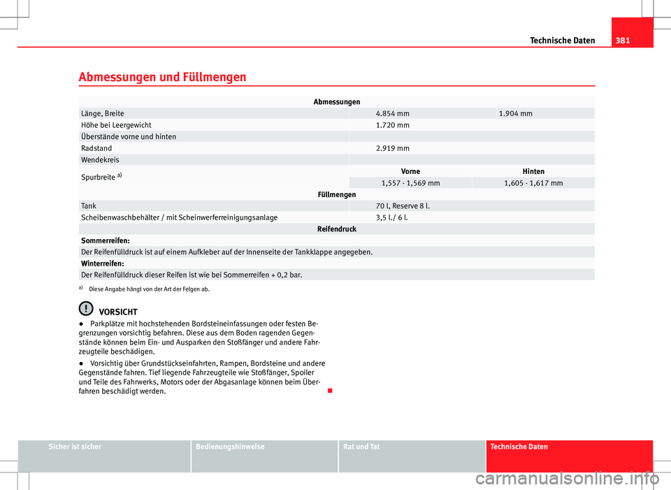 Seat Alhambra 2013 Betriebsanleitung (in German) 381
Technische Daten
Abmessungen und Füllmengen
AbmessungenLänge, Breite 4.854 mm1.904 mmHöhe bei Leergewicht 1.720 mmÜberstände vorne und hinten Radstand 2.919 mmWendekreis
Spurbreite a)Vorn Seat Alhambra 2013 Betriebsanleitung (in German) 381
Technische Daten
Abmessungen und Füllmengen
AbmessungenLänge, Breite 4.854 mm1.904 mmHöhe bei Leergewicht 1.720 mmÜberstände vorne und hinten Radstand 2.919 mmWendekreis
Spurbreite a)Vorn