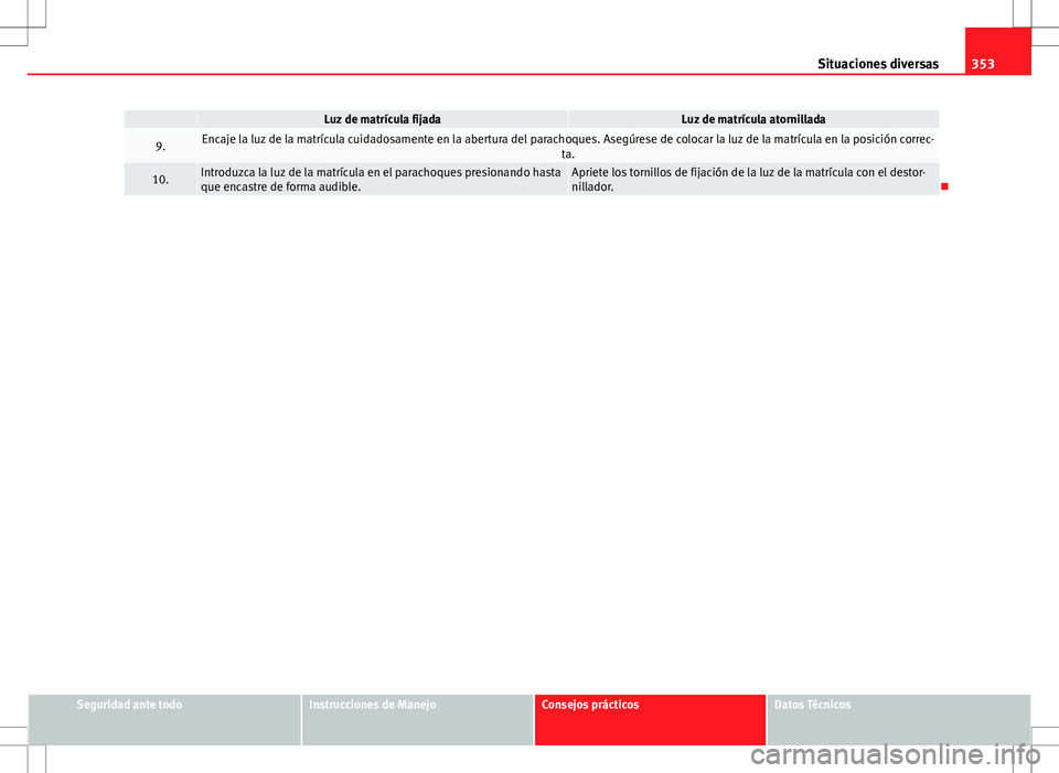 Seat Alhambra 2013  Manual del propietario (in Spanish) 353
Situaciones diversas
 Luz de matrícula fijadaLuz de matrícula atornillada
9.Encaje la luz de la matrícula cuidadosamente en la abertura del parachoques. Asegúrese de colocar la luz de la matr