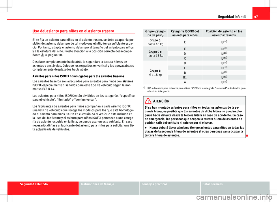 Seat Alhambra 2013  Manual del propietario (in Spanish) 47
Seguridad infantil
Uso del asiento para niños en el asiento trasero
Si se fija un asiento para niños en el asiento trasero, se debe adaptar la po-
sición del asiento delantero de tal modo que el