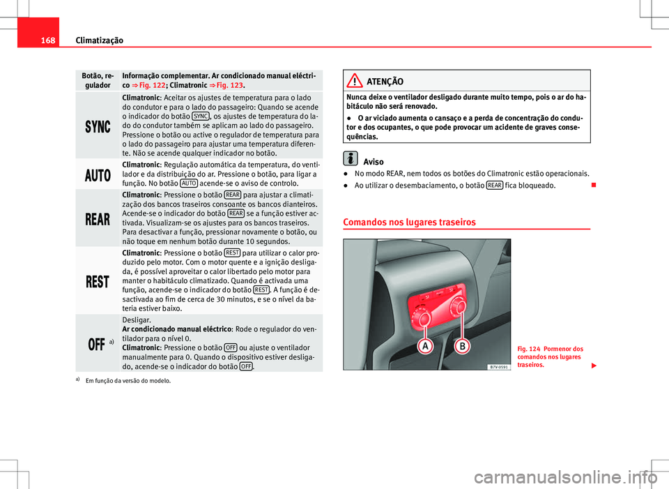 Seat Alhambra 2013  Manual do proprietário (in Portuguese)  168Climatização
Botão, re-
guladorInformação complementar. Ar condicionado manual eléctri-
co ⇒ Fig. 122; Climatronic  ⇒ Fig. 123.

Climatronic: Aceitar os ajustes de tempera