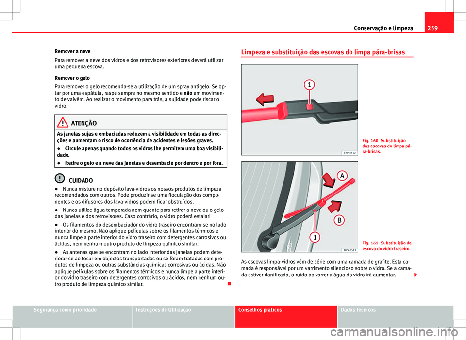 Seat Alhambra 2013  Manual do proprietário (in Portuguese)  259
Conservação e limpeza
Remover a neve
Para remover a neve dos vidros e dos retrovisores exteriores deverá utilizar
uma pequena escova.
Remover o gelo
Para remover o gelo recomenda-se a utilizaç