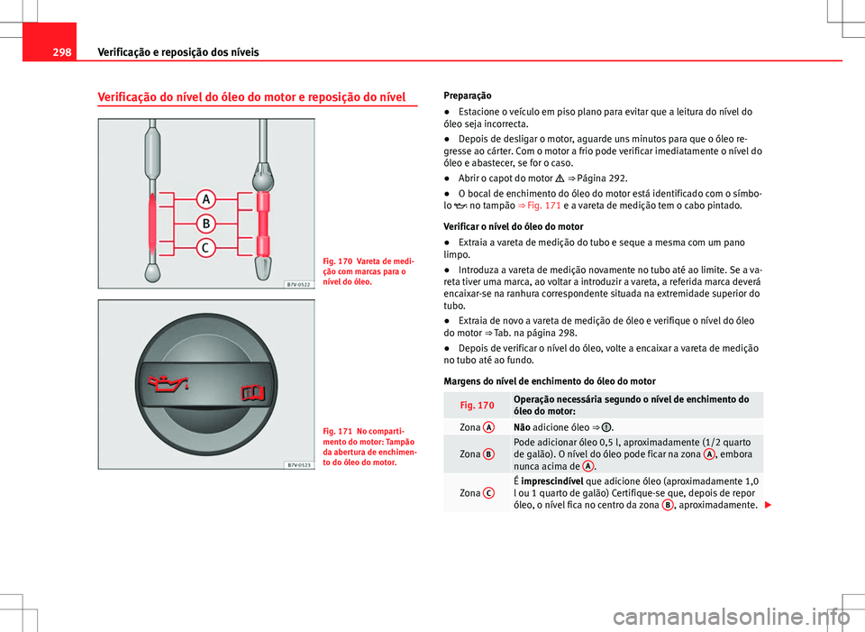 Seat Alhambra 2013  Manual do proprietário (in Portuguese)  298Verificação e reposição dos níveis
Verificação do nível do óleo do motor e reposição do nível
Fig. 170 Vareta de medi-
ção com marcas para o
nível do óleo.
Fig. 171 No comparti-
men
