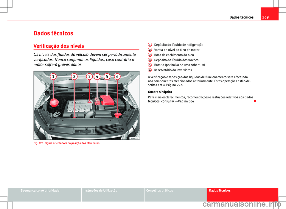 Seat Alhambra 2013  Manual do proprietário (in Portuguese)  369
Dados técnicos
Dados técnicos
Verificação dos níveis
Os níveis dos fluidos do veículo devem ser periodicamente
verificados. Nunca confundir os líquidos, caso contrário o
motor sofrerá gr
