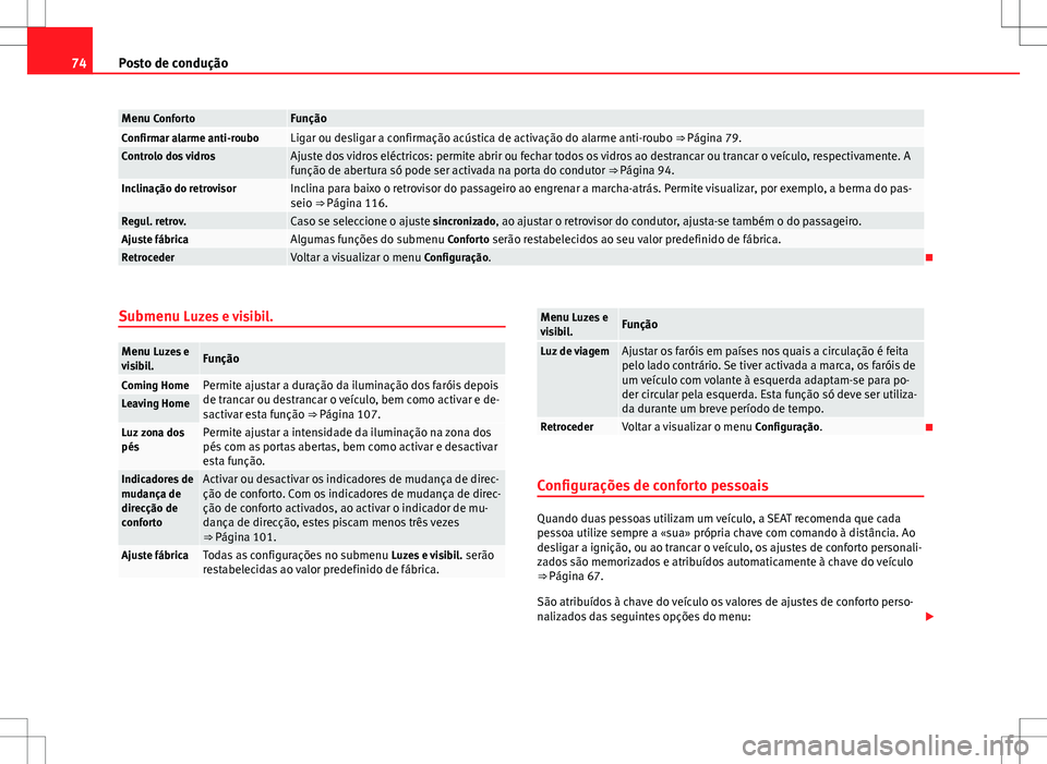 Seat Alhambra 2013  Manual do proprietário (in Portuguese)  74Posto de condução
Menu ConfortoFunçãoConfirmar alarme anti-rouboLigar ou desligar a confirmação acústica de activação do alarme anti-roubo ⇒ Página 79.Controlo dos vidrosAjuste dos vid