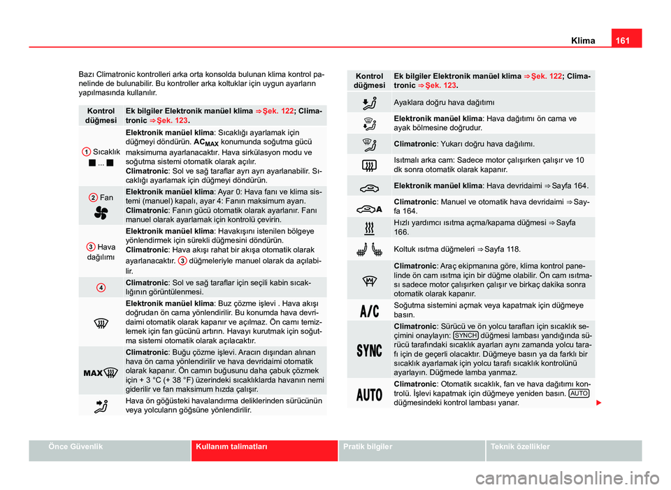Seat Alhambra 2013 Kullanım Kılavuzu (in Turkish) 161
Klima
Bazı Climatronic kontrolleri arka orta konsolda bulunan klima kontrol pa-
nelinde de bulunabilir. Bu kontroller arka koltuklar için uygun ayarların
yapılmasında kullanılır.
Kontrol
d Seat Alhambra 2013 Kullanım Kılavuzu (in Turkish) 161
Klima
Bazı Climatronic kontrolleri arka orta konsolda bulunan klima kontrol pa-
nelinde de bulunabilir. Bu kontroller arka koltuklar için uygun ayarların
yapılmasında kullanılır.
Kontrol
d