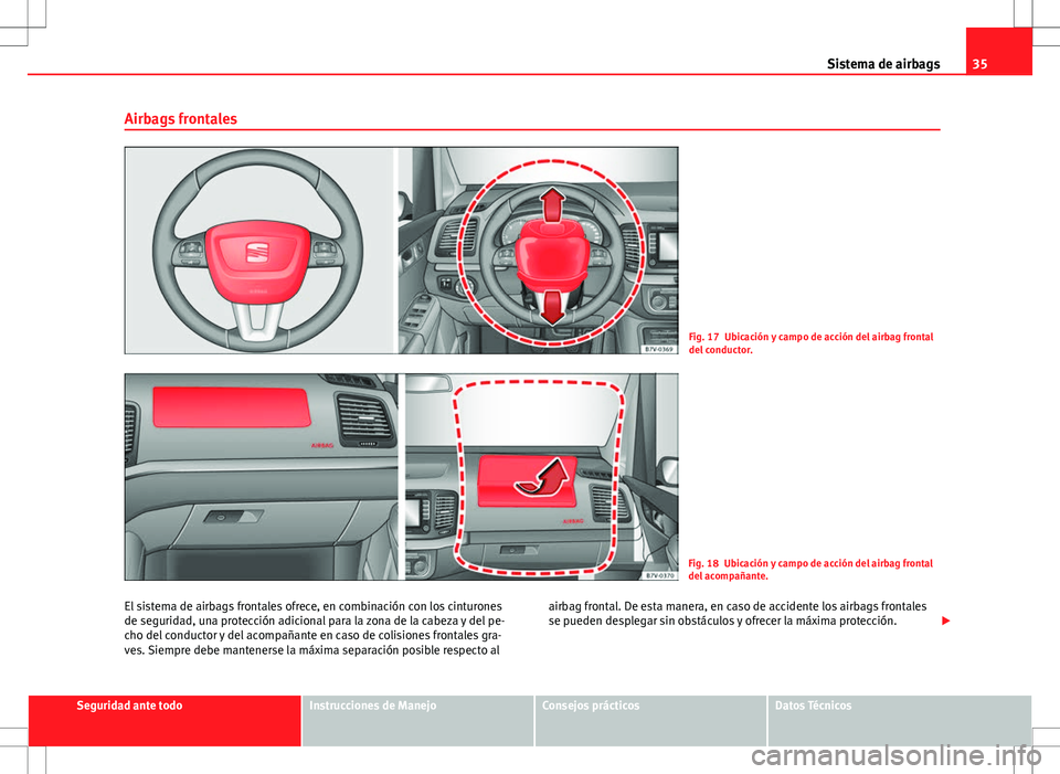 Seat Alhambra 2012  Manual del propietario (in Spanish) 35
Sistema de airbags
Airbags frontales
Fig. 17 Ubicación y campo de acción del airbag frontal
del conductor.
Fig. 18 Ubicación y campo de acción del airbag frontal
del acompañante.
El sistema de