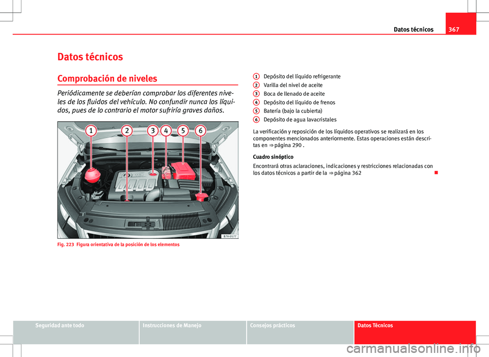 Seat Alhambra 2012  Manual del propietario (in Spanish) 367
Datos técnicos
Datos técnicos
Comprobación de niveles
Periódicamente se deberían comprobar los diferentes nive-
les de los fluidos del vehículo. No confundir nunca los líqui-
dos, pues de l