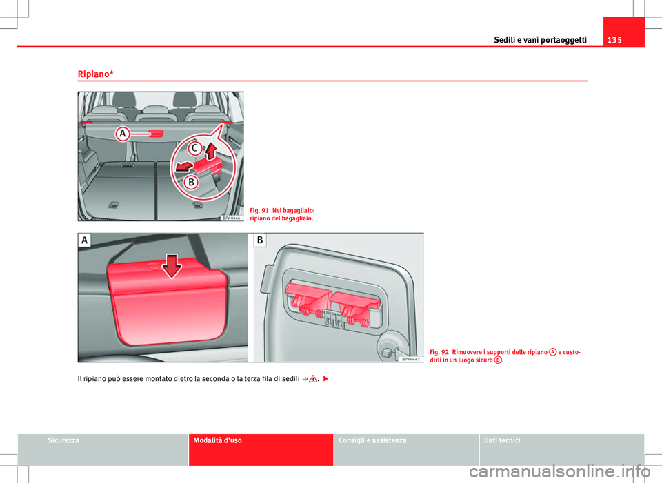 Seat Alhambra 2012  Manuale del proprietario (in Italian) 135
Sedili e vani portaoggetti
Ripiano*
Fig. 91 Nel bagagliaio:
ripiano del bagagliaio.
Fig. 92 Rimuovere i supporti delle ripiano  A e custo-
dirli in un luogo sicuro  B.
Il ripiano può essere monta