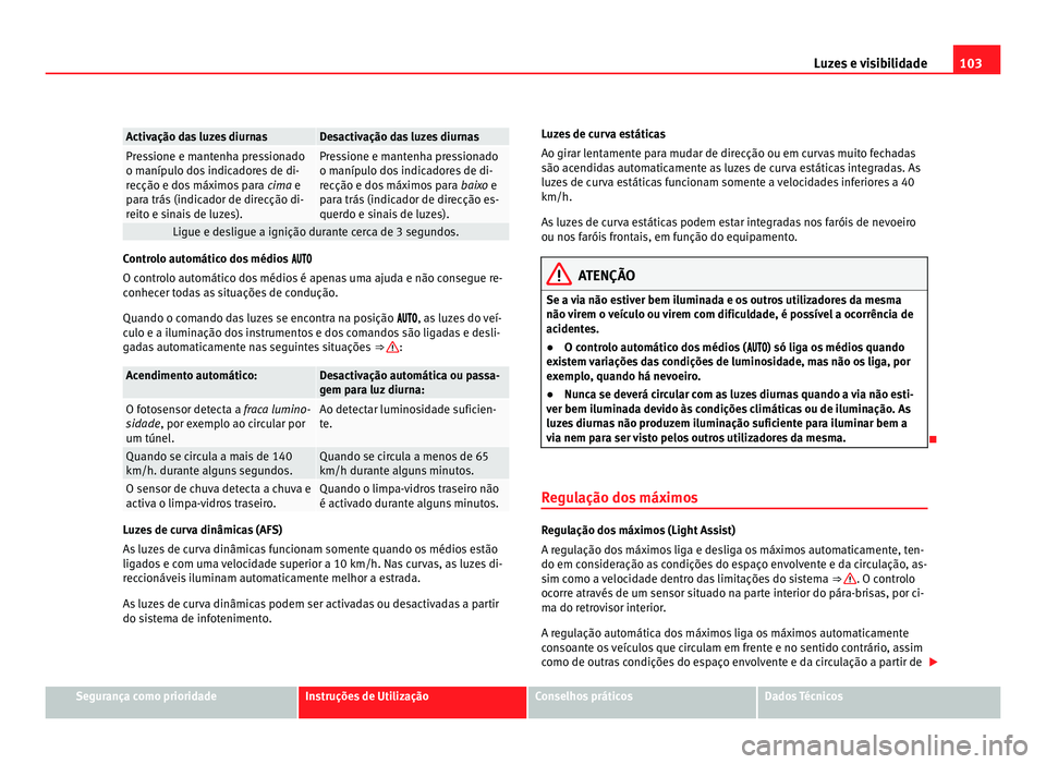 Seat Alhambra 2012  Manual do proprietário (in Portuguese)  103
Luzes e visibilidade Activação das luzes diurnas Desactivação das luzes diurnas
Pressione e mantenha pressionado
o manípulo dos indicadores de di-
recção e dos máximos para 
cima e
p ar
a 