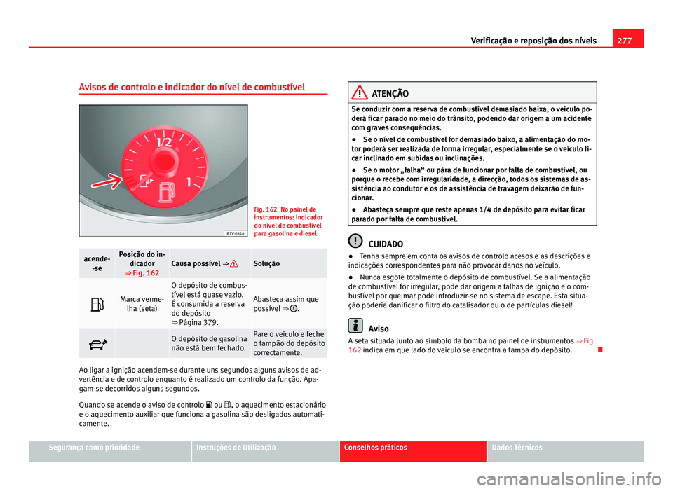 Seat Alhambra 2012  Manual do proprietário (in Portuguese)  277
Verificação e reposição dos níveis
Avisos de controlo e indicador do nível de combustível Fig. 162 No painel de
instrumentos: indicador
do nível de combustível
para gasolina e diesel.
ace