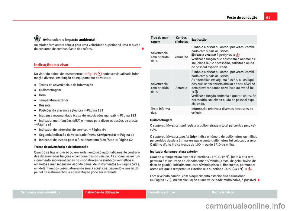 Seat Alhambra 2012  Manual do proprietário (in Portuguese)  61
Posto de condução Aviso sobre o impacto ambiental
Ao mudar com antecedência para uma velocidade superior há uma redução
do consumo de combustível e dos ruídos. 
Indicações no visor No 