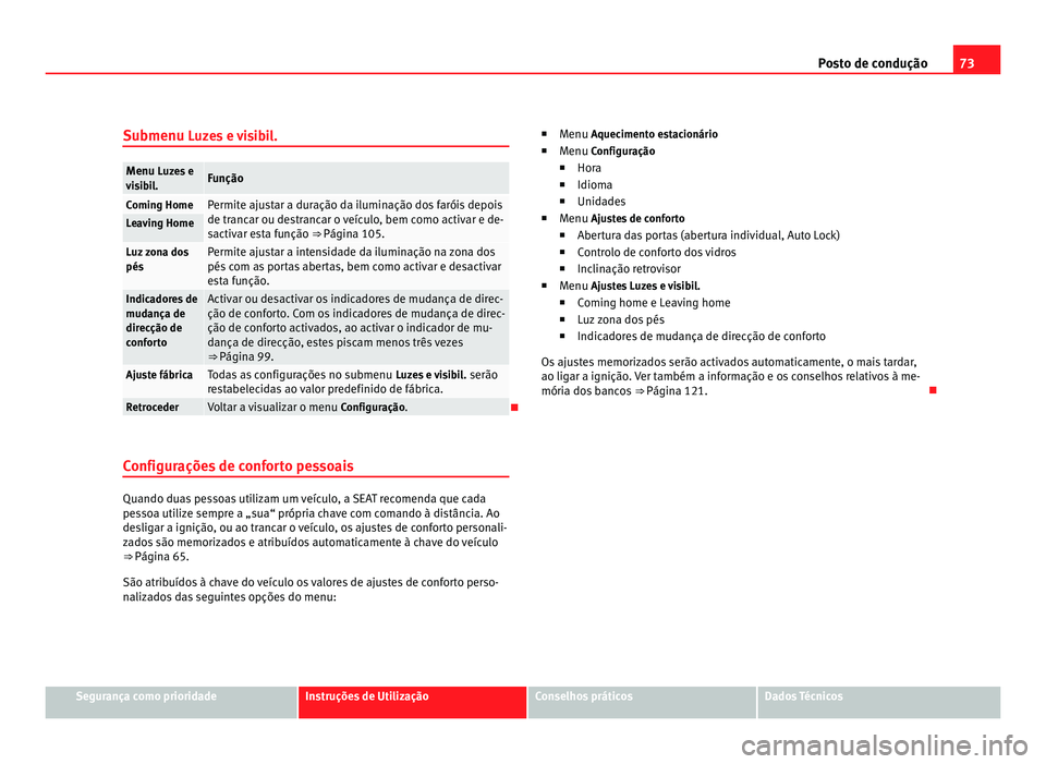 Seat Alhambra 2012  Manual do proprietário (in Portuguese)  73
Posto de condução
Submenu Luzes e visibil. Menu Luzes e
v i
sibil. Função
Coming Home Permite ajustar a duração da iluminação dos faróis depois
de trancar ou destrancar o veículo, bem com