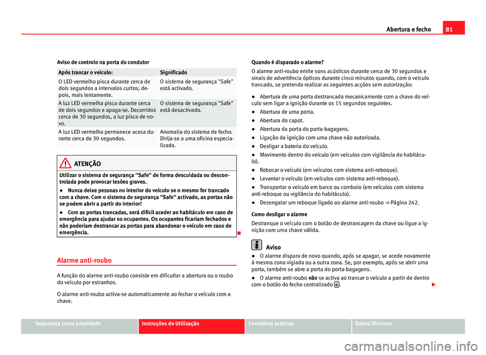 Seat Alhambra 2012  Manual do proprietário (in Portuguese)  81
Abertura e fecho
Aviso de controlo na porta do condutor Após trancar o veículo: Significado
O LED vermelho pisca durante cerca de
dois segundos a intervalos curtos; de-
pois, mais lentamente. O s