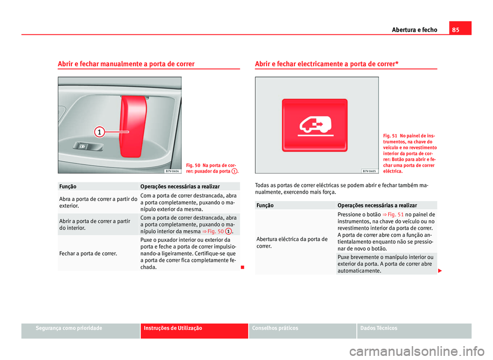 Seat Alhambra 2012  Manual do proprietário (in Portuguese)  85
Abertura e fecho
Abrir e fechar manualmente a porta de correr Fig. 50 Na porta de cor-
rer: puxador da porta 
1 .
Função Operações necessárias a realizar
Abra a porta de correr a partir do
ext
