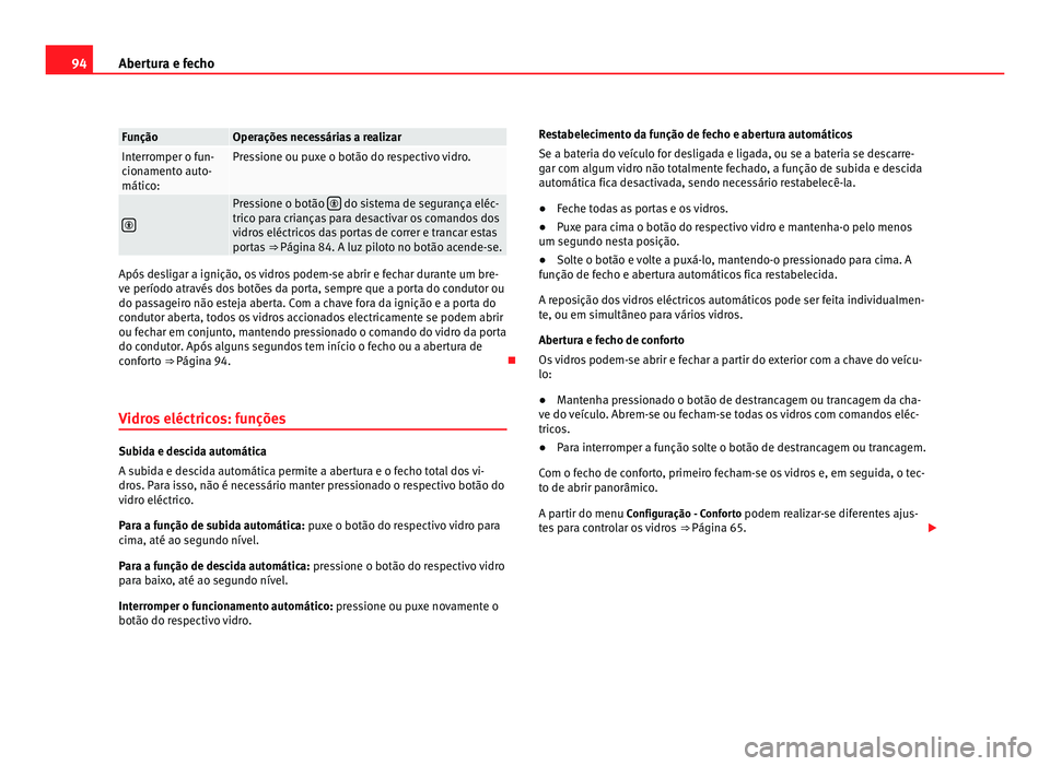 Seat Alhambra 2012  Manual do proprietário (in Portuguese)  94
Abertura e fecho Função Operações necessárias a realizar
Interromper o fun-
cionamento auto-
mático: Pressione ou puxe o botão do respectivo vidro.
 Pressione o botão 
  do sistema de