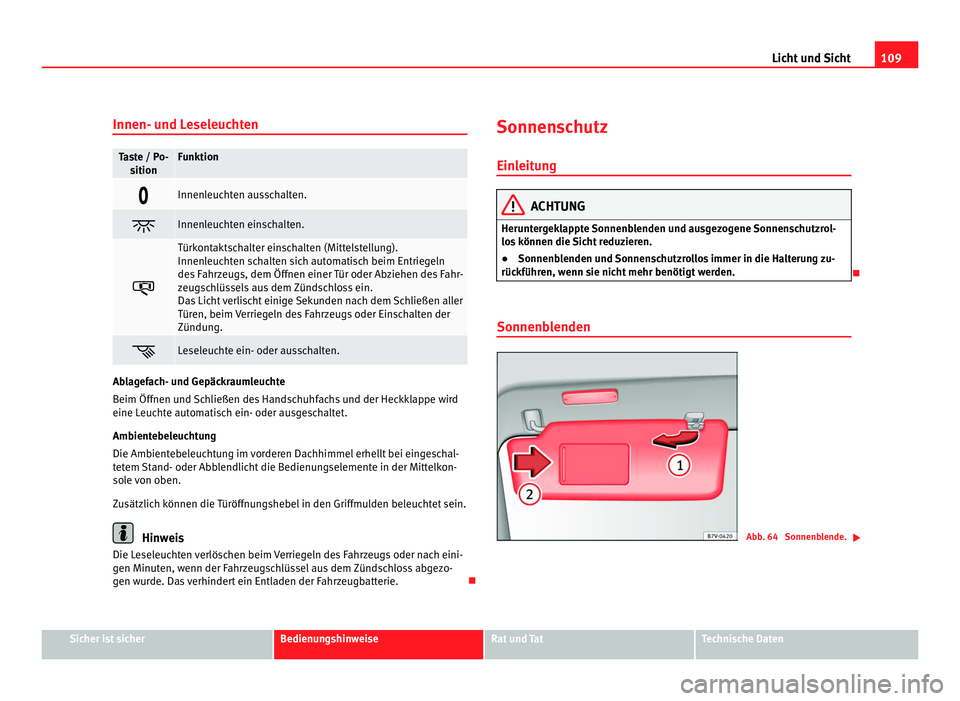 Seat Alhambra 2011  Betriebsanleitung (in German) 109
Licht und Sicht
Innen- und Leseleuchten Taste / Po-
sition Funktion
 Innenleuchten ausschalten.
 Innenleuchten einschalten.
 Türkontaktschalter einschalten (Mittelstellung).
Innenl
euc
h