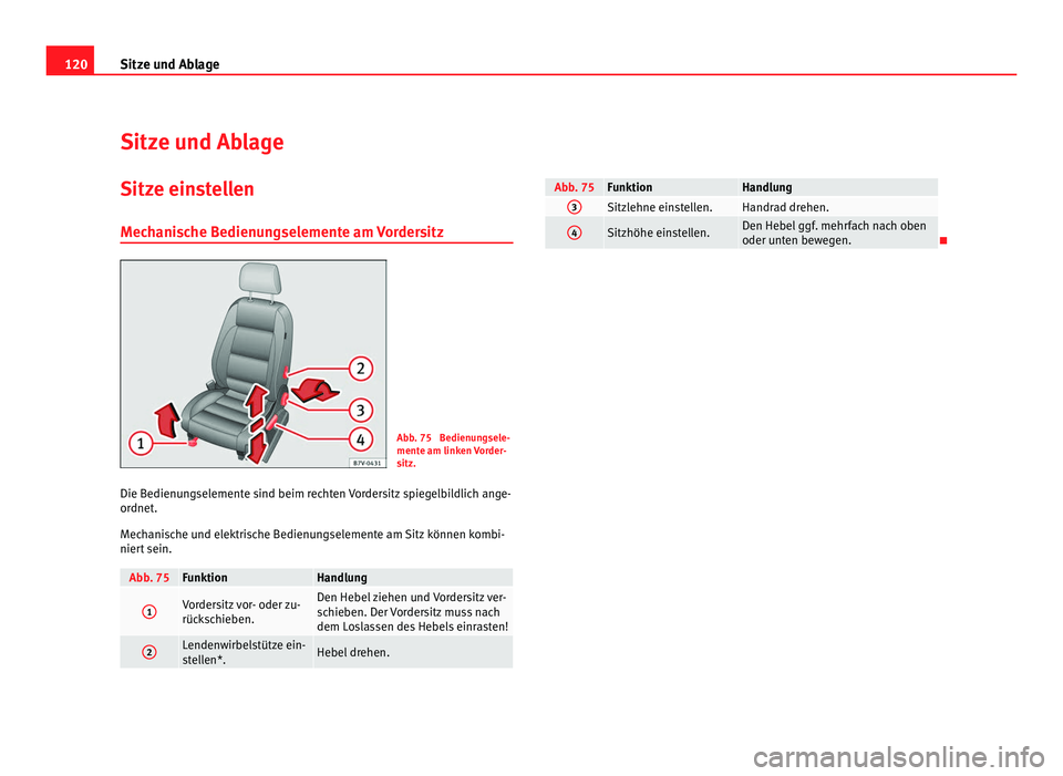 Seat Alhambra 2011  Betriebsanleitung (in German) 120
Sitze und Ablage
Sitze und Ablage
Sitze einstellen Mec h
anische Bedienungselemente am Vordersitz Abb. 75  Bedienungsele-
mente am link
en 

Vorder-
sitz.
Die Bedienungselemente sind beim rechten 