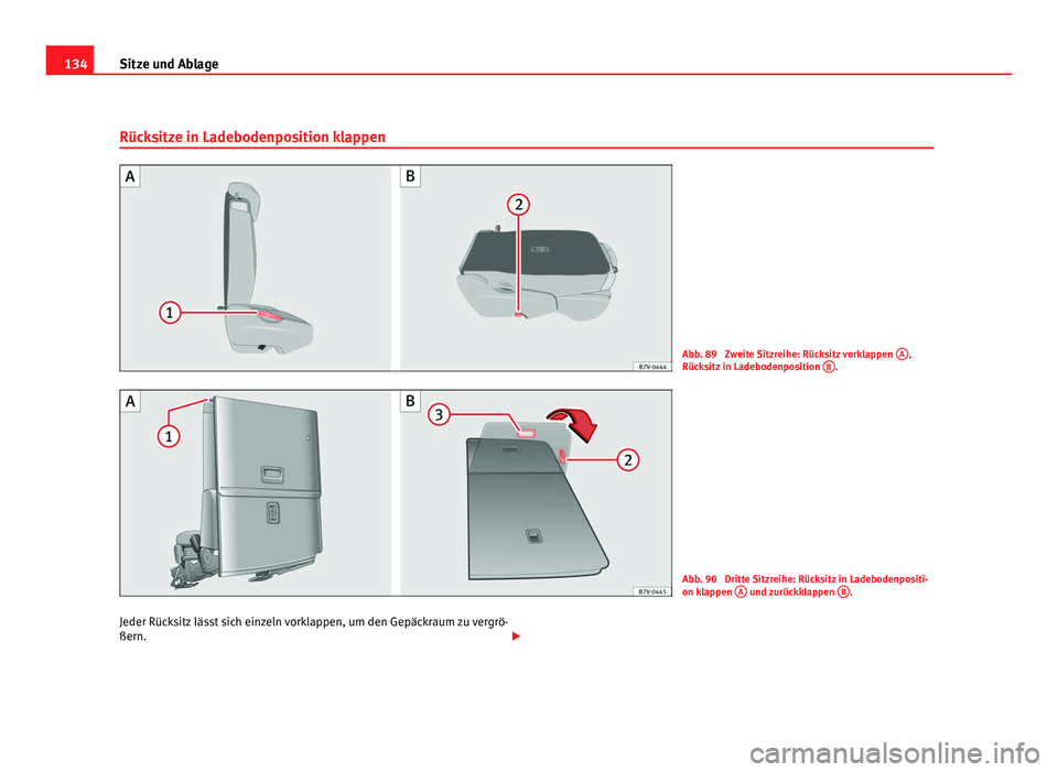 Seat Alhambra 2011  Betriebsanleitung (in German) 134
Sitze und Ablage
Rücksitze in Ladebodenposition klappen Abb. 89  Zweite Sitzreihe: Rücksitz vorklappen 
A ,
Rück s
itz in Ladebodenposition  B .
Abb. 90  Dritte Sitzreihe: Rücksitz in Ladebode