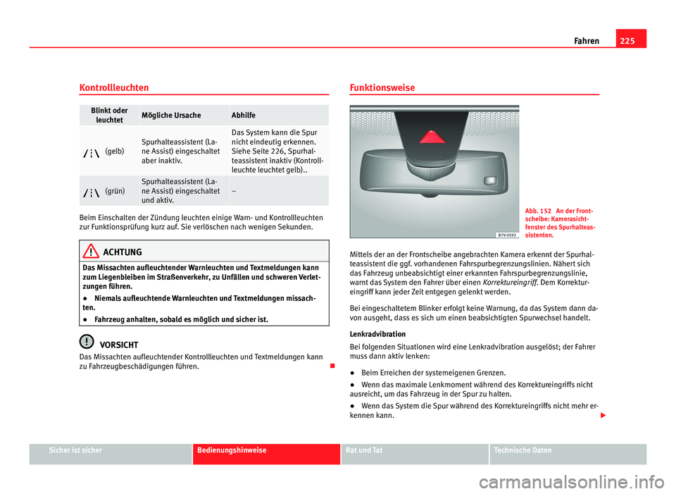 Seat Alhambra 2011 Betriebsanleitung (in German) 225
Fahren
Kontrollleuchten Blinkt oder
leuc ht
et Mögliche Ursache Abhilfe
(gelb) Spurhalteassistent (La-
ne Ass
i
st) eingeschaltet
aber inaktiv. Das System kann die Spur
nicht
eindeutig erk
Seat Alhambra 2011 Betriebsanleitung (in German) 225
Fahren
Kontrollleuchten Blinkt oder
leuc ht
et Mögliche Ursache Abhilfe
(gelb) Spurhalteassistent (La-
ne Ass
i
st) eingeschaltet
aber inaktiv. Das System kann die Spur
nicht
eindeutig erk