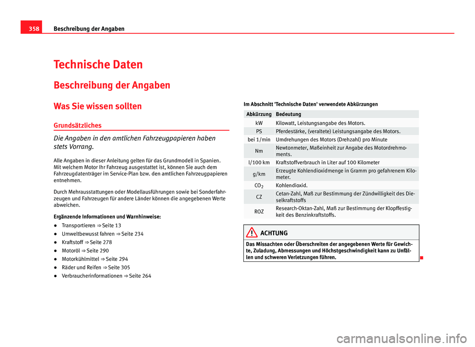 Seat Alhambra 2011  Betriebsanleitung (in German) 358
Beschreibung der Angaben
Technische Daten
Be s
chreibung der Angaben
Was Sie wissen sollten Grundsätz
 liches Die Angaben in den amtlichen Fahrzeugpapieren haben
st
et

s Vorrang.
Alle Angaben in