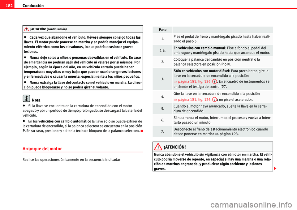 Seat Alhambra 2011  Manual del propietario (in Spanish) Conducción 182
�xCada vez que abandone el vehículo, llévese siempre consigo todas las 
llaves. El motor puede ponerse en marcha y se podría manejar el equipa-
miento eléctrico como los elevalunas