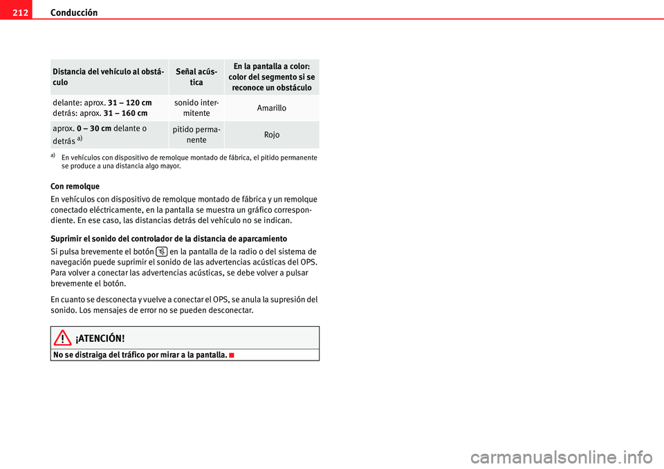 Seat Alhambra 2011  Manual del propietario (in Spanish) Conducción 212
Con remolque
En vehículos con dispositivo de remolque montado de fábrica y un remolque 
conectado eléctricamente, en la pantalla se muestra un gráfico correspon-
diente. En ese cas