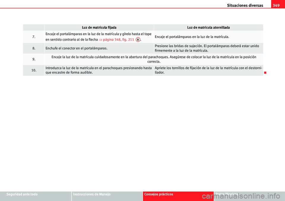 Seat Alhambra 2011  Manual del propietario (in Spanish) Situaciones diversas349
Seguridad ante todoInstrucciones de ManejoConsejos prácticosDatos Técnicos
7.Encaje el portalámparas en la luz de la matrícula y gírelo hasta el tope 
en sentido contrario