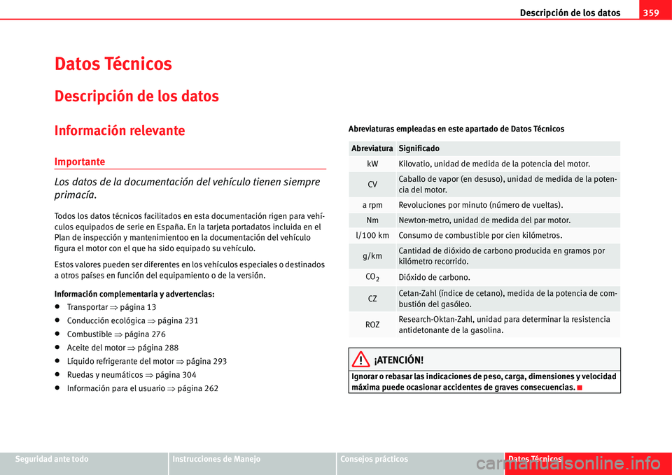 Seat Alhambra 2011 Manual del propietario (in Spanish) Descripción de los datos359
Seguridad ante todoInstrucciones de ManejoConsejos prácticosDatos Técnicos
Datos Técnicos
Descripción de los datos
Información relevante
Importante
Los datos de la do Seat Alhambra 2011 Manual del propietario (in Spanish) Descripción de los datos359
Seguridad ante todoInstrucciones de ManejoConsejos prácticosDatos Técnicos
Datos Técnicos
Descripción de los datos
Información relevante
Importante
Los datos de la do