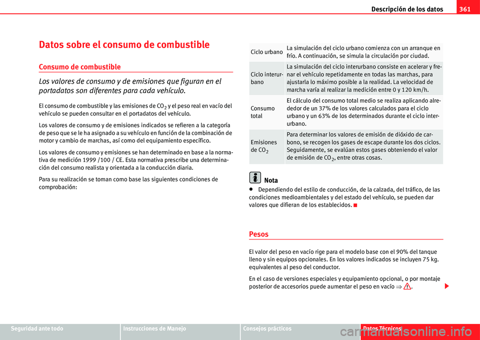Seat Alhambra 2011 Manual del propietario (in Spanish) Descripción de los datos361
Seguridad ante todoInstrucciones de ManejoConsejos prácticosDatos Técnicos
Datos sobre el consumo de combustible
Consumo de combustible
Los valores de consumo y de emisi Seat Alhambra 2011 Manual del propietario (in Spanish) Descripción de los datos361
Seguridad ante todoInstrucciones de ManejoConsejos prácticosDatos Técnicos
Datos sobre el consumo de combustible
Consumo de combustible
Los valores de consumo y de emisi