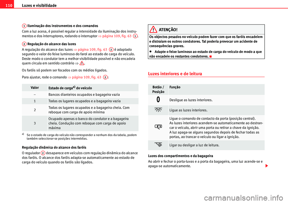 Seat Alhambra 2011  Manual do proprietário (in Portuguese)  Luzes e visibilidade 110
 Iluminação dos instrumentos e dos comandos
Com a luz acesa, é possível regular a intensidade da iluminação dos instru-
mentos e dos interruptores, rodando o interruptor