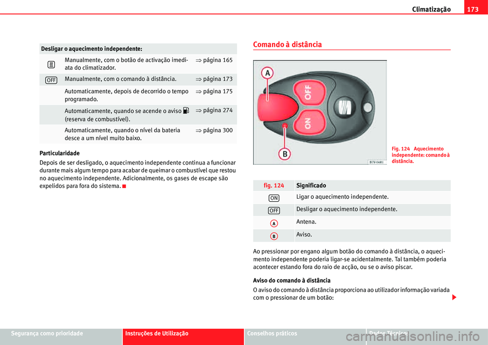 Seat Alhambra 2011  Manual do proprietário (in Portuguese)  Climatização173
Segurança como prioridadeInstruções de UtilizaçãoConselhos práticosDados Técnicos Particularidade
Depois de ser desligado, o aquecimento independente continua a funcionar 
dur