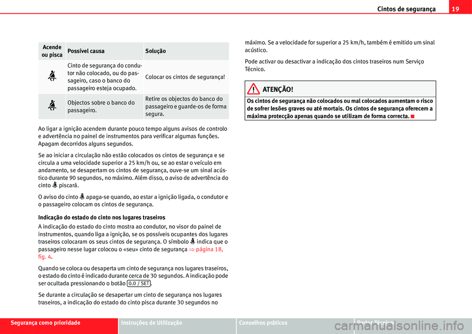 Seat Alhambra 2011  Manual do proprietário (in Portuguese)  Cintos de segurança19
Segurança como prioridadeInstruções de UtilizaçãoConselhos práticosDados Técnicos Ao ligar a ignição acendem durante pouco tempo alguns avisos de controlo 
e advertênc