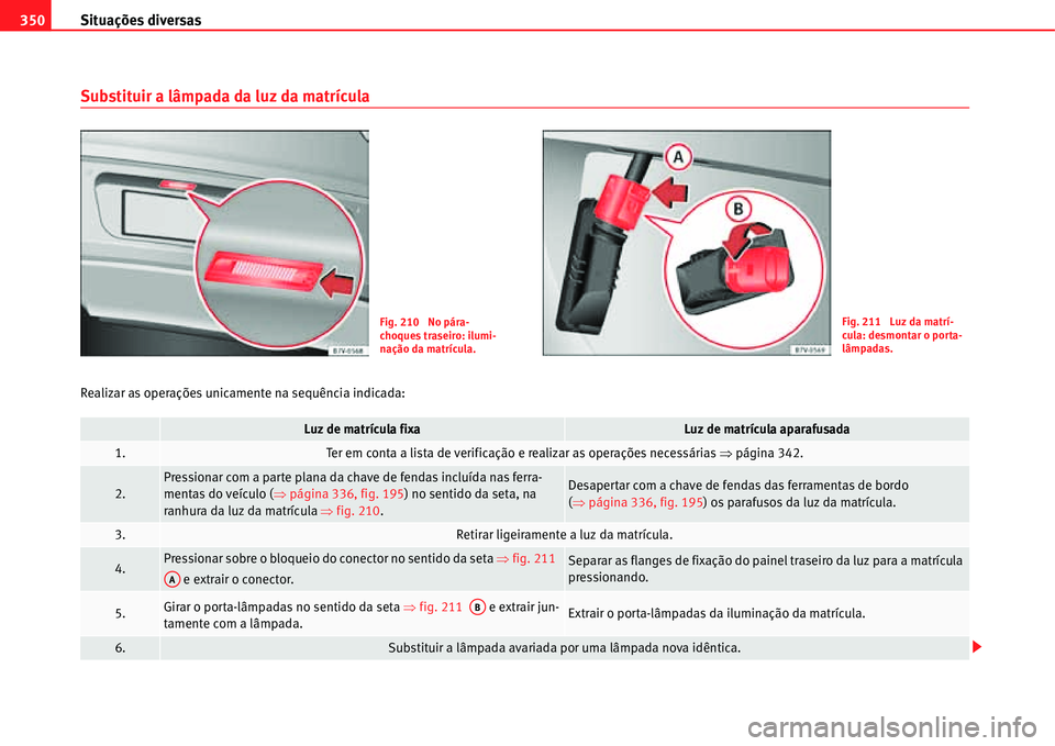 Seat Alhambra 2011  Manual do proprietário (in Portuguese)  Situações diversas 350
Substituir a lâmpada da luz da matrícula
Realizar as operações unicamente na sequência indicada:
Fig. 210  No pára-
choques traseiro: ilumi-
nação da matrícula.Fig. 2