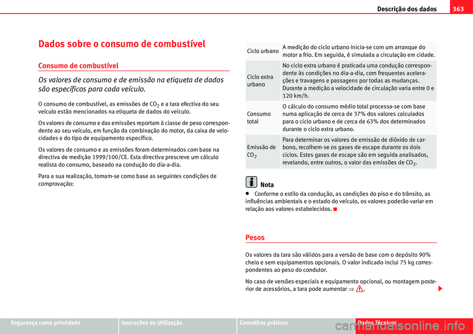 Seat Alhambra 2011 Manual do proprietário (in Portuguese) Descrição dos dados363
Segurança como prioridadeInstruções de UtilizaçãoConselhos práticosDados Técnicos
Dados sobre o consumo de combustível
Consumo de combustível
Os valores de consumo e Seat Alhambra 2011 Manual do proprietário (in Portuguese) Descrição dos dados363
Segurança como prioridadeInstruções de UtilizaçãoConselhos práticosDados Técnicos
Dados sobre o consumo de combustível
Consumo de combustível
Os valores de consumo e