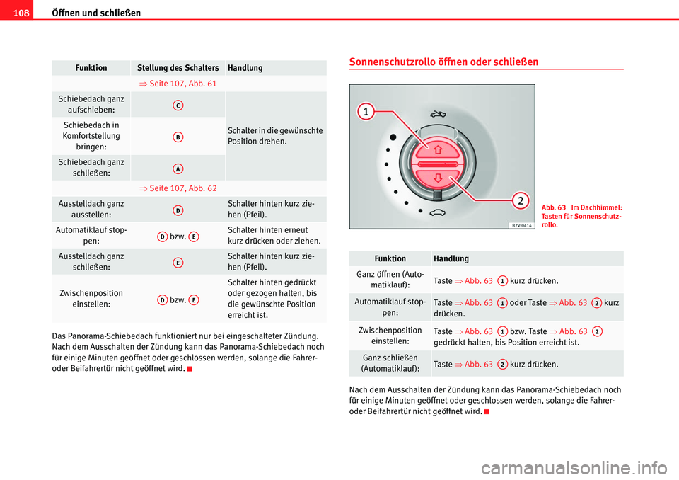 Seat Alhambra 2010  Betriebsanleitung (in German) Öffnen und schließen
108
Das Panorama-Schiebedach funktioniert nur bei eingeschalteter Zündung. 
Nach dem Ausschalten der Zündung kann das Panorama-Schiebedach noch 
für einige Minuten geöffnet 