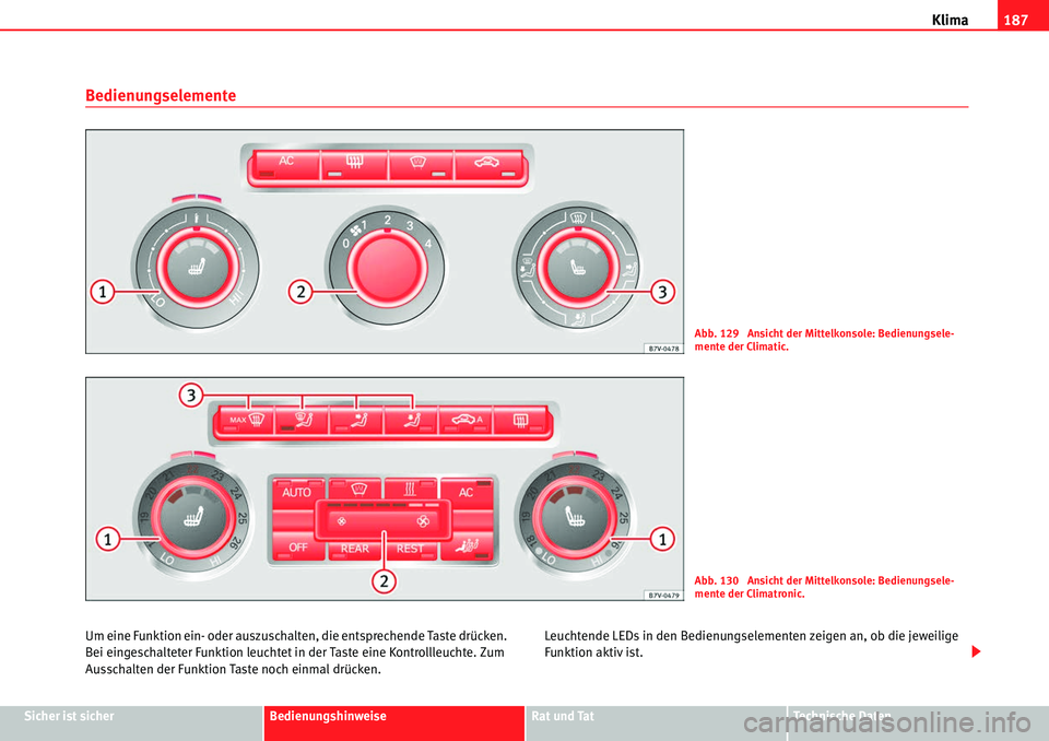 Seat Alhambra 2010  Betriebsanleitung (in German) Klima187
Sicher ist sicherBedienungshinweiseRat und TatTechnische Daten
Bedienungselemente
Um eine Funktion ein- oder auszuschalten, die entsprechende Taste drücken. 
Bei eingeschalteter Funktion leu