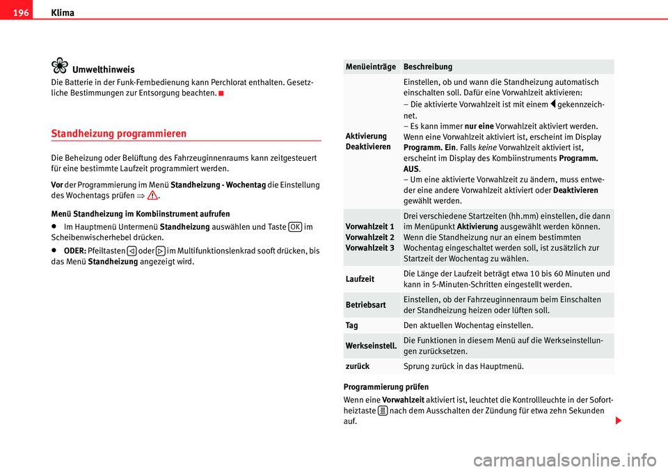Seat Alhambra 2010  Betriebsanleitung (in German) Klima
196
Umwelthinweis
Die Batterie in der Funk-Fernbedienung kann Perchlorat enthalten. Gesetz-
liche Bestimmungen zur Entsorgung beachten.
Standheizung programmieren
Die Beheizung oder Belüftung d