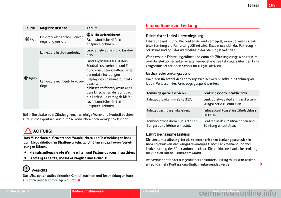 Seat Alhambra 2010  Betriebsanleitung (in German) Fahren199
Sicher ist sicherBedienungshinweiseRat und TatTechnische Daten
Beim Einschalten der Zündung leuchten einige Warn- und Kontrollleuchten 
zur Funktionsprüfung kurz auf. Sie verlöschen nach 