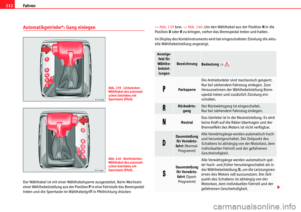 Seat Alhambra 2010  Betriebsanleitung (in German) Fahren
212
Automatikgetriebe*: Gang einlegen
Der Wählhebel ist mit einer Wählhebelsperre ausgestattet. Beim Wechseln 
einer Wählhebelstellung aus der Position  P in eine Fahrstufe das Bremspedal 
t