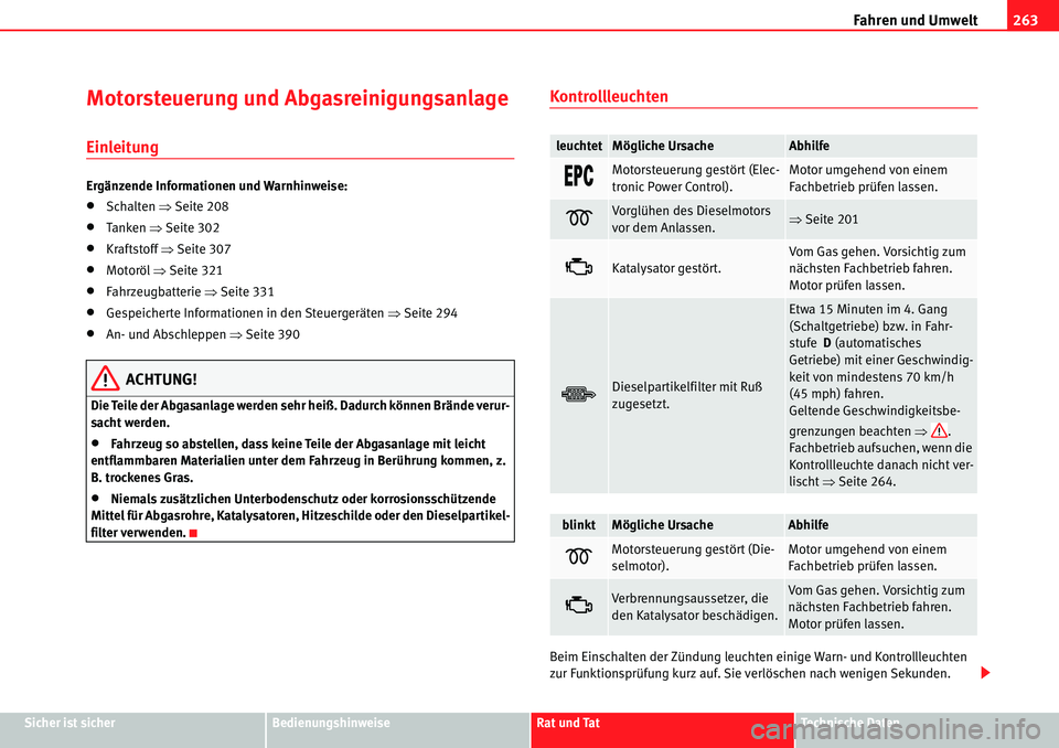 Seat Alhambra 2010  Betriebsanleitung (in German) Fahren und Umwelt263
Sicher ist sicherBedienungshinweiseRat und TatTechnische Daten
Motorsteuerung und Abgasreinigungsanlage
Einleitung
Ergänzende Informationen und Warnhinweise:
�xSchalten �ŸSeite 