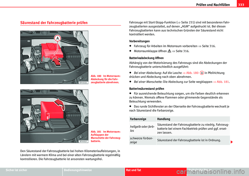 Seat Alhambra 2010  Betriebsanleitung (in German) Prüfen und Nachfüllen333
Sicher ist sicherBedienungshinweiseRat und TatTechnische Daten
Säurestand der Fahrzeugbatterie prüfen
Den Säurestand der Fahrzeugbatterie bei hohen Kilometerlaufleistunge