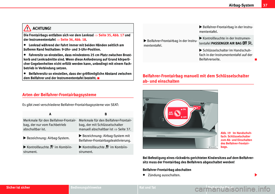 Seat Alhambra 2010  Betriebsanleitung (in German) Airbag-System37
Sicher ist sicherBedienungshinweiseRat und TatTechnische Daten
ACHTUNG!
Die Frontairbags entfalten sich vor dem Lenkrad  �ŸSeite 35, Abb. 17  und 
der Instrumententafel �Ÿ Seite 36, 