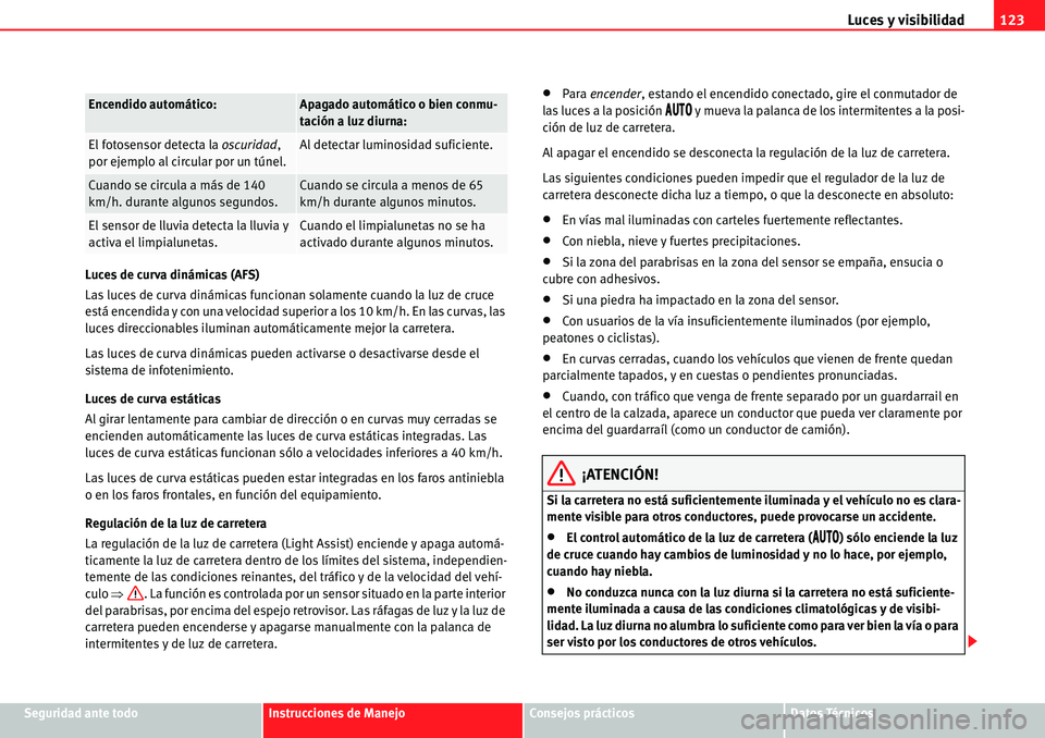 Seat Alhambra 2010  Manual del propietario (in Spanish) Luces y visibilidad123
Seguridad ante todoInstrucciones de ManejoConsejos prácticosDatos Técnicos Luces de curva dinámicas (AFS)
Las luces de curva dinámicas funcionan solamente cuando la luz de c