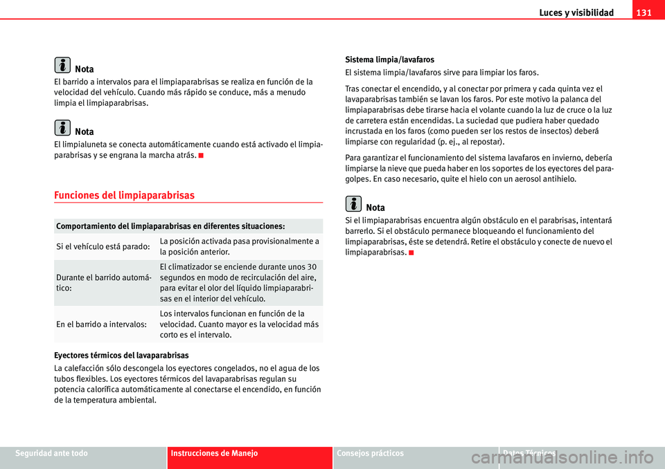Seat Alhambra 2010  Manual del propietario (in Spanish) Luces y visibilidad131
Seguridad ante todoInstrucciones de ManejoConsejos prácticosDatos Técnicos
Nota
El barrido a intervalos para el limpiaparabrisas se realiza en función de la 
velocidad del ve